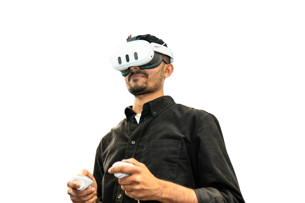 Professional using a VR headset for industrial simulation and corporate training solutions by Infixr